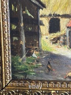 Ecole française XIXè Huile sur panneau Scène de basse cour Cadre doré 1860