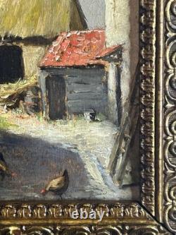 Ecole française XIXè Huile sur panneau Scène de basse cour Cadre doré 1860