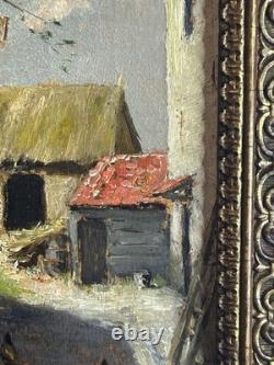 Ecole française XIXè Huile sur panneau Scène de basse cour Cadre doré 1860