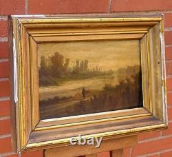 Ecole française du XIXe Paysage de rivière. Peinture huile sur panneau de bois