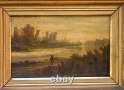 Ecole française du XIXe Paysage de rivière. Peinture huile sur panneau de bois