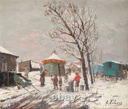 Edouard FEBVRE La fête foraine en hiver 1930 huile sur bois