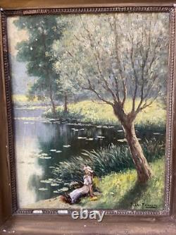 Emile Gauffriaud 1877/1957 huile sur bois 38,5 x 48,5 cm paysage lacustre animé