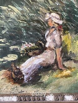 Emile Gauffriaud 1877/1957 huile sur bois 38,5 x 48,5 cm paysage lacustre animé