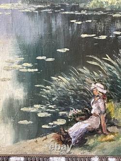 Emile Gauffriaud 1877/1957 huile sur bois 38,5 x 48,5 cm paysage lacustre animé