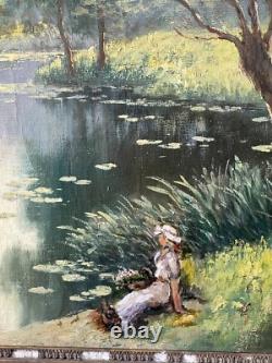 Emile Gauffriaud 1877/1957 huile sur bois 38,5 x 48,5 cm paysage lacustre animé