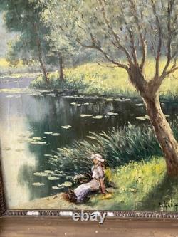 Emile Gauffriaud 1877/1957 huile sur bois 38,5 x 48,5 cm paysage lacustre animé