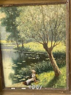 Emile Gauffriaud 1877/1957 huile sur bois 38,5 x 48,5 cm paysage lacustre animé