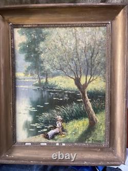 Emile Gauffriaud 1877/1957 huile sur bois 38,5 x 48,5 cm paysage lacustre animé