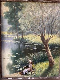 Emile Gauffriaud 1877/1957 huile sur bois 38,5 x 48,5 cm paysage lacustre animé