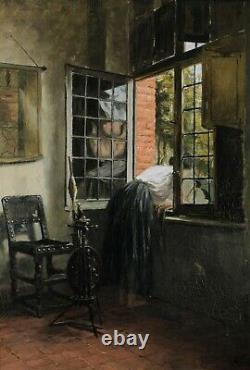 Emile Pottier, 1873-1907, La Bavarde, Jeune femme à la fenêtre, Tableau ancien