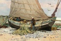 Emile VERNIER, tableau, bateau, mer, paysage, marine, plage, pêche, Bretagne