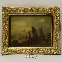 Environ 1900 Peinture ancienne à l'huile paysage avec bateaux 42x34 cm