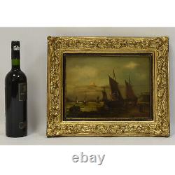 Environ 1900 Peinture ancienne à l'huile paysage avec bateaux 42x34 cm