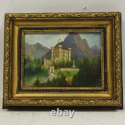 Environ 1950 Peinture ancienne à l'huile Paysage avec un château 24x20 cm