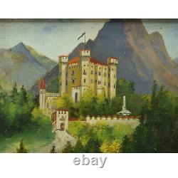 Environ 1950 Peinture ancienne à l'huile Paysage avec un château 24x20 cm