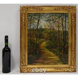 Environ 1950 Peinture ancienne à l'huile Paysage forestier 59x49 cm