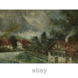 Environ 1950 Peinture ancienne à l'huile paysage de montagne avec ville 34x28 cm
