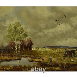 Environ 1950 Peinture ancienne à l'huile paysage marécageux 41x35 cm