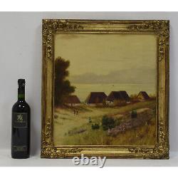 Environ 1950 Peinture ancienne à l'huile vue sur le village 56x52 cm