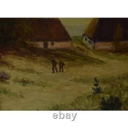 Environ 1950 Peinture ancienne à l'huile vue sur le village 56x52 cm