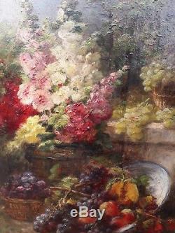 Eugene Claude Francais Nature Morte 19e Huile Fleurs Fruits Peinture Toulouse