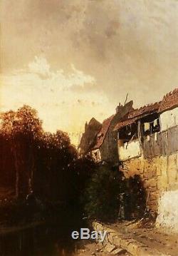 Eugène DESHAYES tableau huile paysage femme Normandie bord rivière chaumières