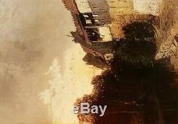 Eugène DESHAYES tableau huile paysage femme Normandie bord rivière chaumières