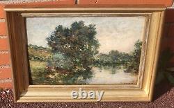 F. JACQUES. Paysage Bord de Rivière Peinture huile sur panneau de bois signé