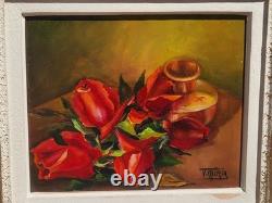 F. MIRA. Bouquet de Fleurs. Peinture huile sur panneau de bois signée