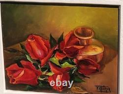 F. MIRA. Bouquet de Fleurs. Peinture huile sur panneau de bois signée