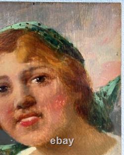 Female Portret Original Antique Oil painting 1900's Beauty Girl Expressive