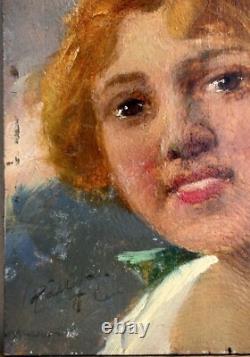 Female Portret Original Antique Oil painting 1900's Beauty Girl Expressive