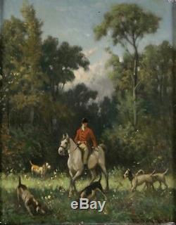 François Duyk, XIXe siècle, Scène de chasse, Cheval, Chiens, Cote jusque 2400