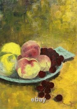 Fruits Still Life Antique Impressionist Fine Oil Painting on Hardwood, Framed