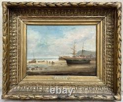 GUDIN Henriette Tableau Ancien Paysage Marine Bord de Mer Bateaux Peinture 19ème