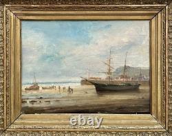 GUDIN Henriette Tableau Ancien Paysage Marine Bord de Mer Bateaux Peinture 19ème