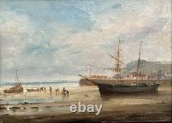 GUDIN Henriette Tableau Ancien Paysage Marine Bord de Mer Bateaux Peinture 19ème