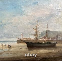 GUDIN Henriette Tableau Ancien Paysage Marine Bord de Mer Bateaux Peinture 19ème
