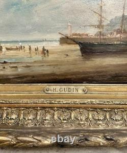 GUDIN Henriette Tableau Ancien Paysage Marine Bord de Mer Bateaux Peinture 19ème