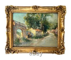 Georges Deloy 1856-1930 huile sur panneau village animé Tableau cadre doré