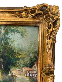 Georges Deloy 1856-1930 huile sur panneau village animé Tableau cadre doré