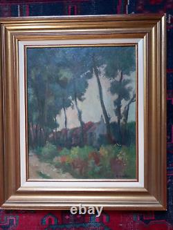 Georges Gonthier (1886-1969), Chaumière derrière les arbres, huile sur bois