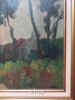 Georges Gonthier (1886-1969), Chaumière derrière les arbres, huile sur bois