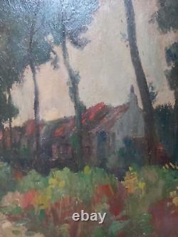 Georges Gonthier (1886-1969), Chaumière derrière les arbres, huile sur bois