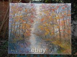 Georges Guérin grand tableau peinture Huile sur toile Automne Bois de Boulogne