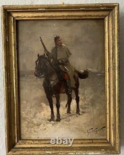 Georges-Louis Hyon peintre tableau huile sur bois hussard à cheval sous la neige