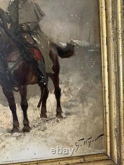 Georges-Louis Hyon peintre tableau huile sur bois hussard à cheval sous la neige
