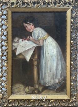 Girl Portrait Hand Made Antique Oil painting 1900´s, Signed, Framed