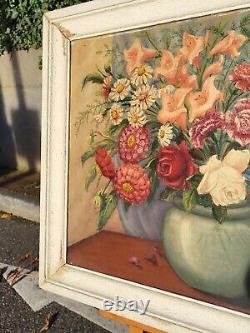 Grand Tableau Ancien. Bouquet De Fleurs. Peinture huile sur panneau de bois